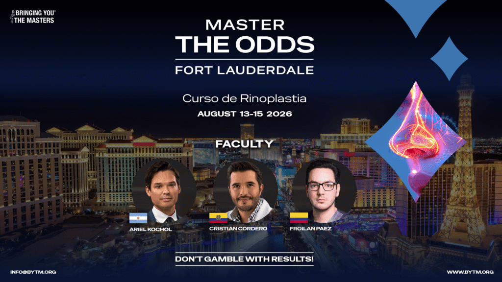 Master-The-Odds-16-9-Rev2 copy - Bringing You The Masters Promotional banner for 'Master the Odds Fort Lauderdale' announcing a rhinoplasty course with three speaker headshots, city skyline at night, and national flags beneath each portrait.