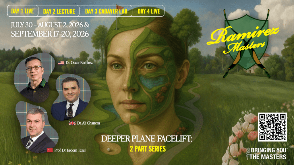 Ramirez Masters event banner with speaker headshots on the left and surreal green-face artwork on a countryside background; highlights '2 Part Series'.