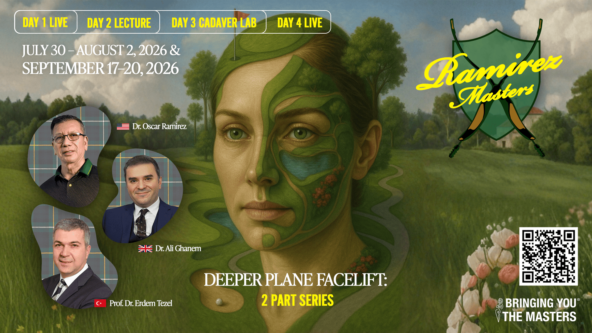 Ramirez Masters event banner with speaker headshots on the left and surreal green-face artwork on a countryside background; highlights '2 Part Series'.