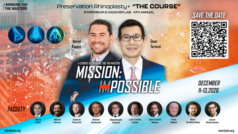 Event banner for Preservation Rhinoplasty: 'The Course' symposium and cadaver lab (4th annual) with speakers Aaron Kosins and Dean Toriumi; date December 11–13, 2026; includes a QR code and a row of faculty headshots.