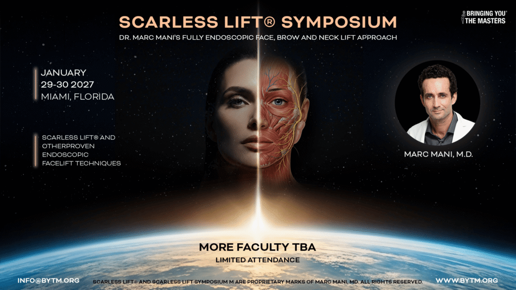 Scarless Lift Symposium poster with a split-face anatomy image and Dr. Marc Mani's portrait on the right.