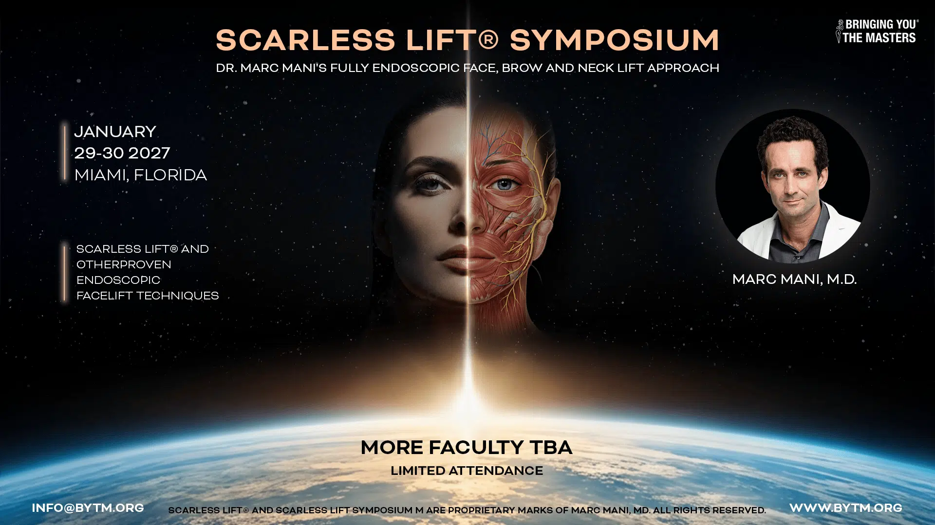 Scarless Lift Symposium poster with a split-face anatomy image and Dr. Marc Mani's portrait on the right.